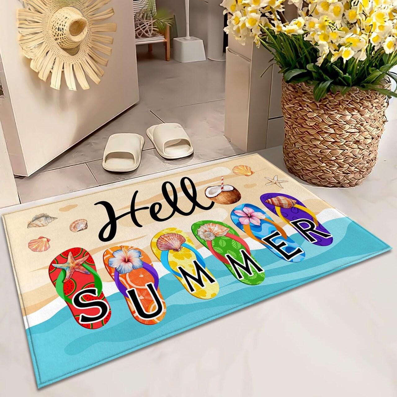 Hello Summer Doormat,Welcome Summer Flip Flops Decorative Door Mat,Non-Slip Rubber Backing Floor Mat Washable Seasonal Front Door Mat for Porch Decor, 29 x 17 Inch